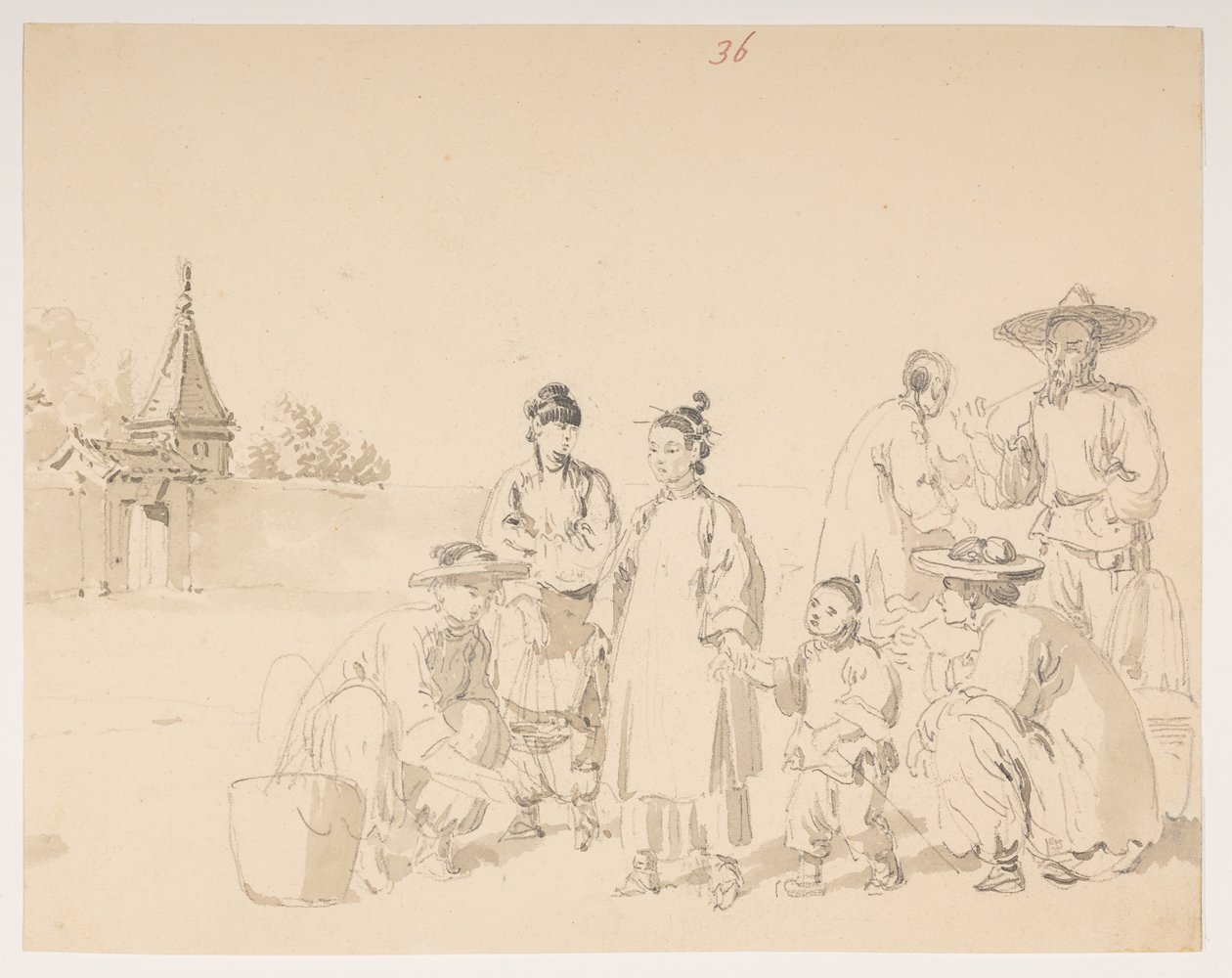 Un grupo, de un álbum de 372 dibujos de paisajes, costas, disfraces y la vida cotidiana realizados durante la embajada de Lord Macartney ante el emperador de China. de William Alexander