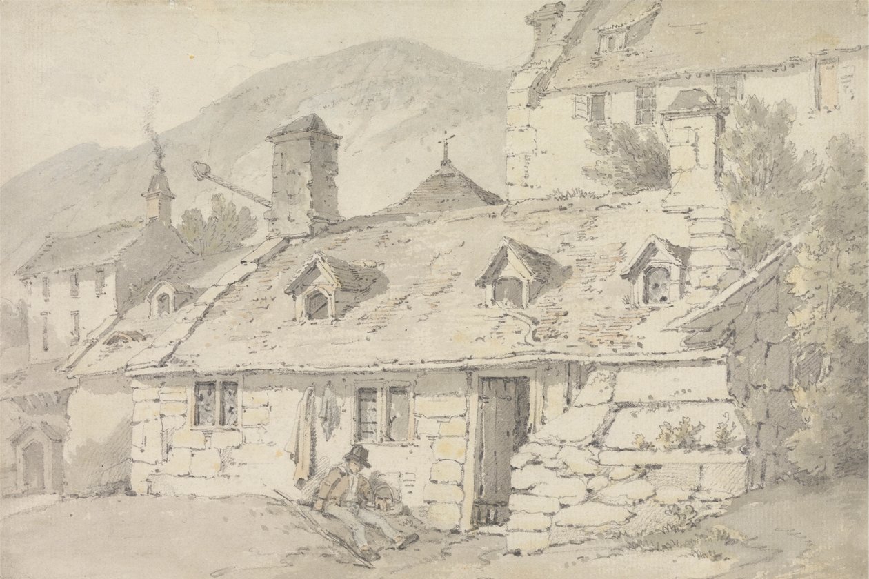 Cabañas de piedra en un paisaje montañoso con una figura en primer plano de William Alexander