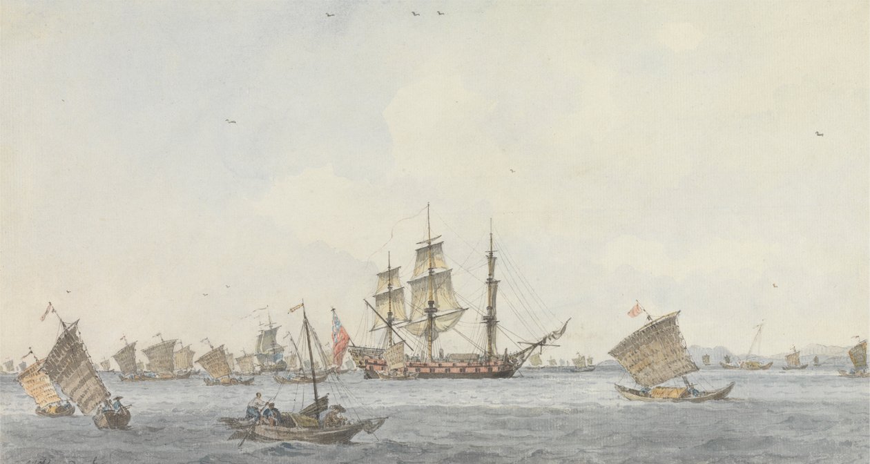 El Hindostan anclado en el estrecho de Mi-a-tau de la ciudad de Ten-choo-fou a la entrada del golfo de Pekín. de William Alexander