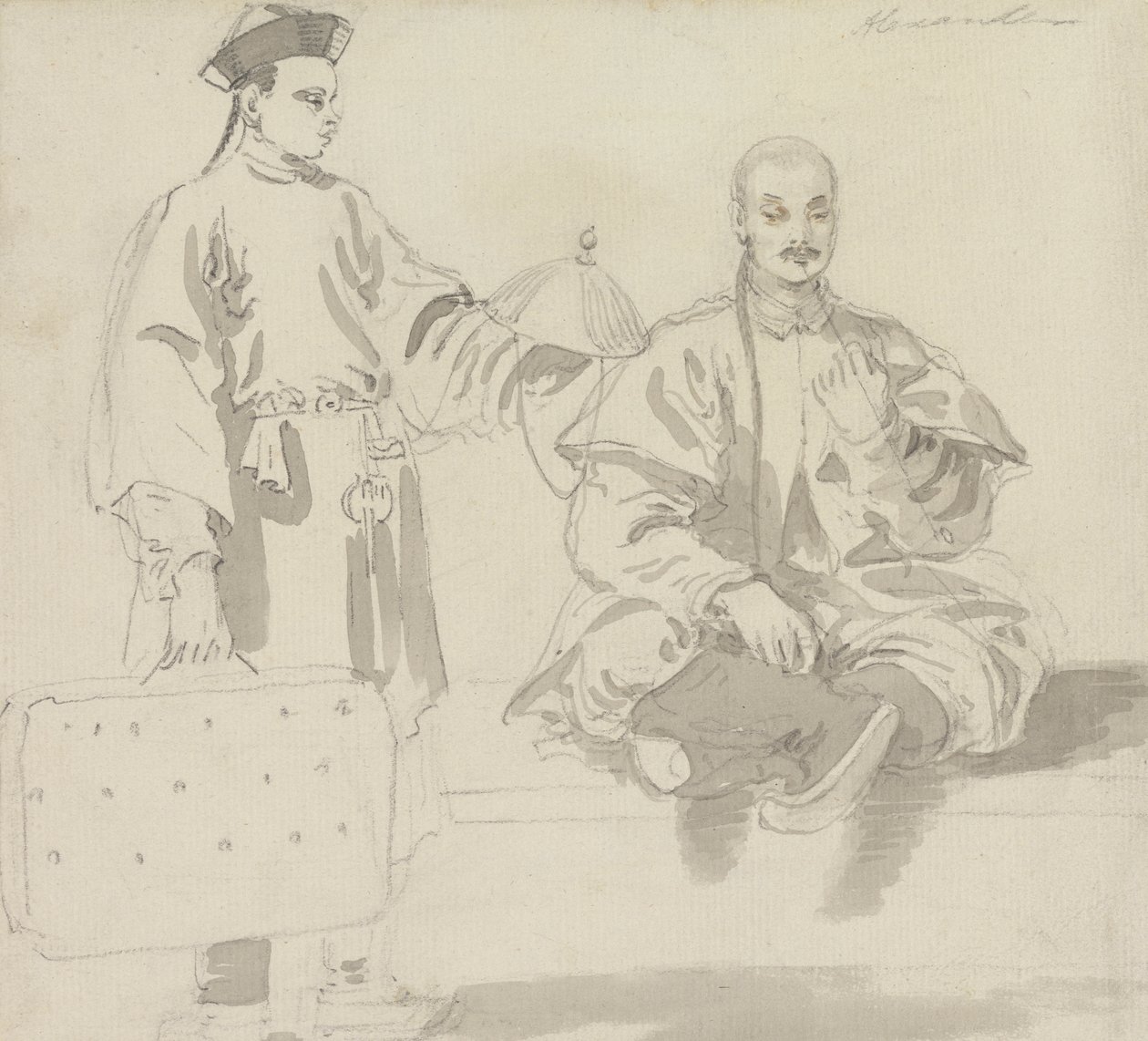 Dos figuras chinas: Un vendedor de sombreros y un hombre sentado con las piernas cruzadas, fumando en pipa de William Alexander
