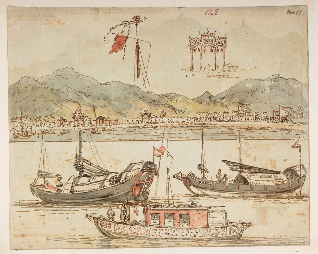 f.59 148 Barcos y arcos triunfales.  , de un Álbum de 372 dibujos de paisajes, costas, disfraces y la vida cotidiana realizados durante la embajada de Lord Macartney ante el Emperador de China, entre 1792 y 1794 (lápiz y acuarela sobre papel) de William Alexander