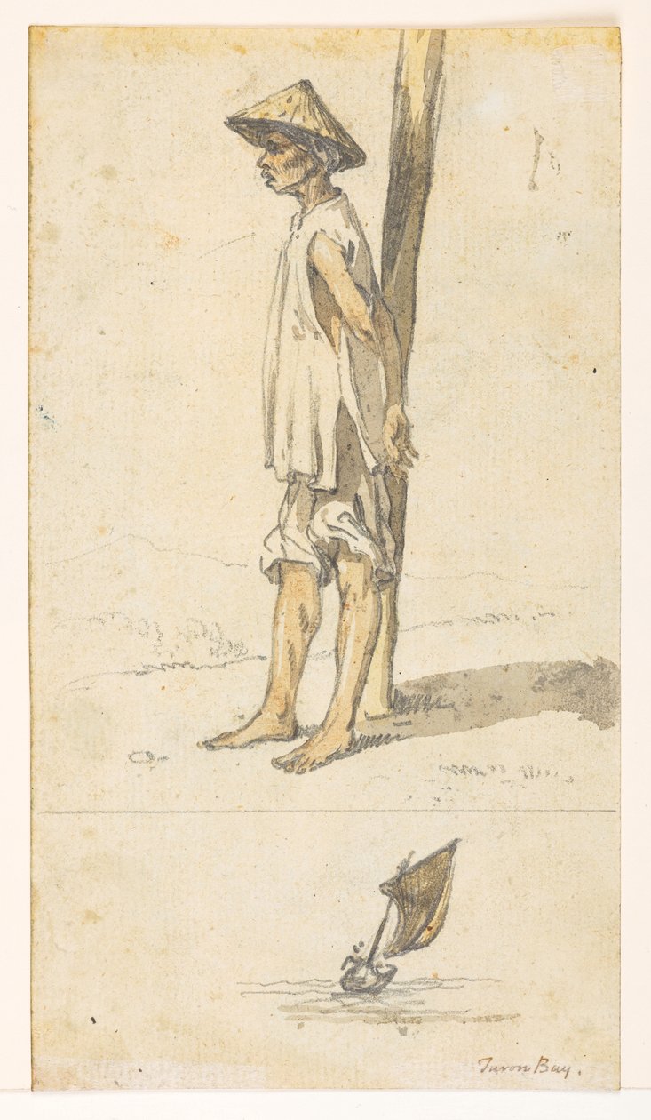 f.5 32v Joven apoyado en un árbol;un barco. 