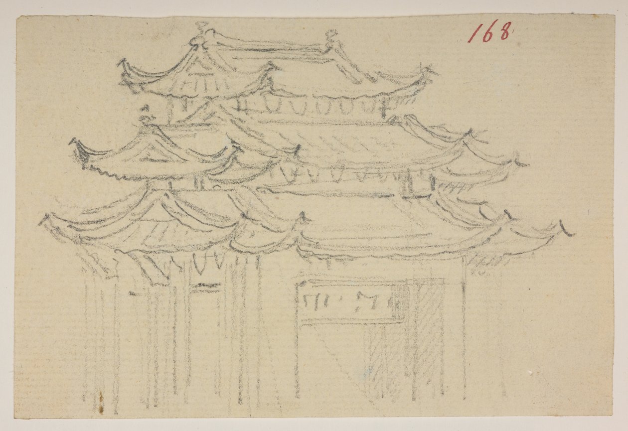 f.63 168 Templos.  , de un Álbum de 372 dibujos de paisajes, costas, disfraces y la vida cotidiana realizados durante la embajada de Lord Macartney ante el Emperador de China, entre 1792 y 1794 (lápiz y acuarela sobre papel) de William Alexander