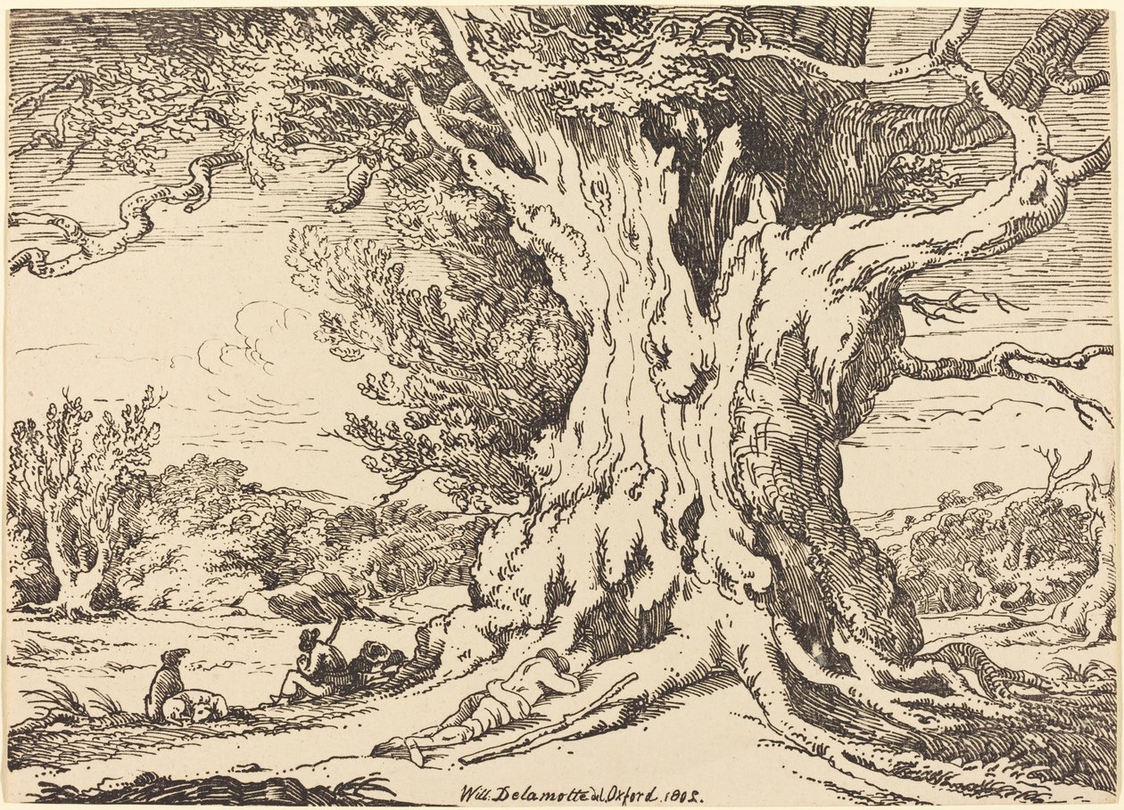 Descansando, hombres y perros bajo un gran árbol de William Alfred Delamotte