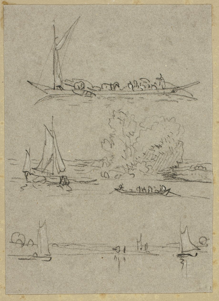 Tres bocetos de barcos en el río Düsseldorf de William Alfred Delamotte