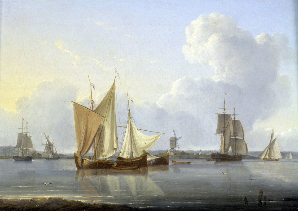 Llegada a Limehouse, Londres (Inglaterra), varios barcos en el Támesis y un molino en la orilla, y a la derecha el Hospital de Greenwich. Óleo sobre lienzo, hacia 1820, de William Anderson (1750-1778). de William Anderson
