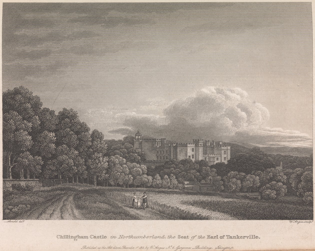 Castillo de Chillingham en Northumberland, Sede del Conde de Tankerville (publicado por W. Angus): Lámina 62; página 62 (Volumen Uno) de William Angus