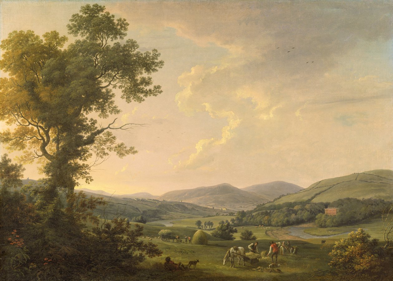 Paisaje con Segadores y Vista Lejana de una Casa Georgiana, c.1780 de William Ashford