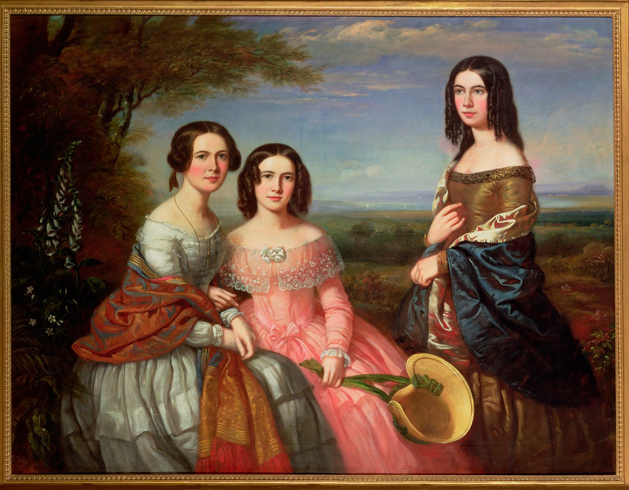 Un retrato de grupo de tres niñas, tres cuartos de longitud, en un paisaje, 1849 de William Baker