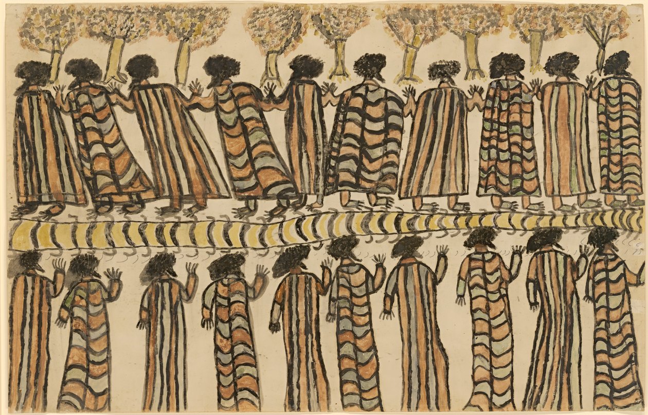 Figuras con capas de piel de zarigüeya de William Barak