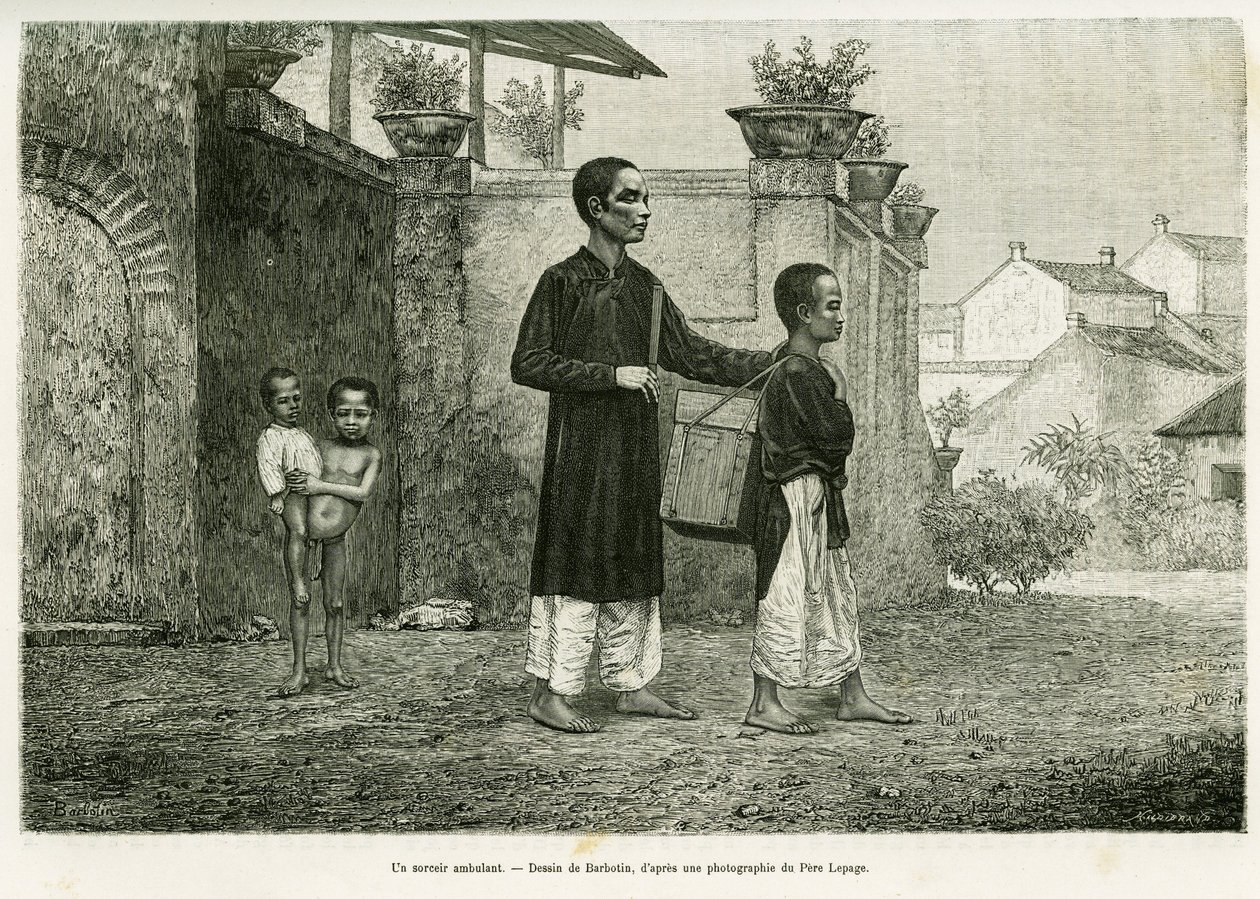 Un mago caminante, un masajista ciego. Grabado por Barbotin, para ilustrar la historia Treinta meses en Tonkín, en 1884, por el Doctor Paul Hocquard, en le tour du monde 1890, bajo la dirección de Edouard Charton (1807-1890), Hachette, París de William Barbotin