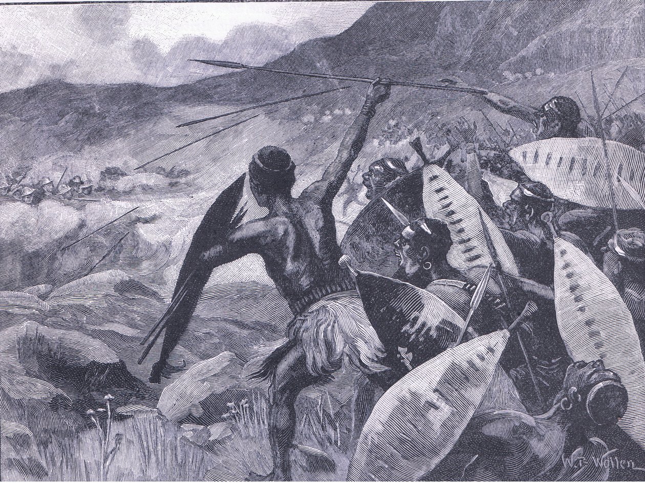 Lucha en las colinas de Matoppo: carga de los Matabele, ilustración de la Historia de Inglaterra de Cassell, 1900s de William Barnes Wollen