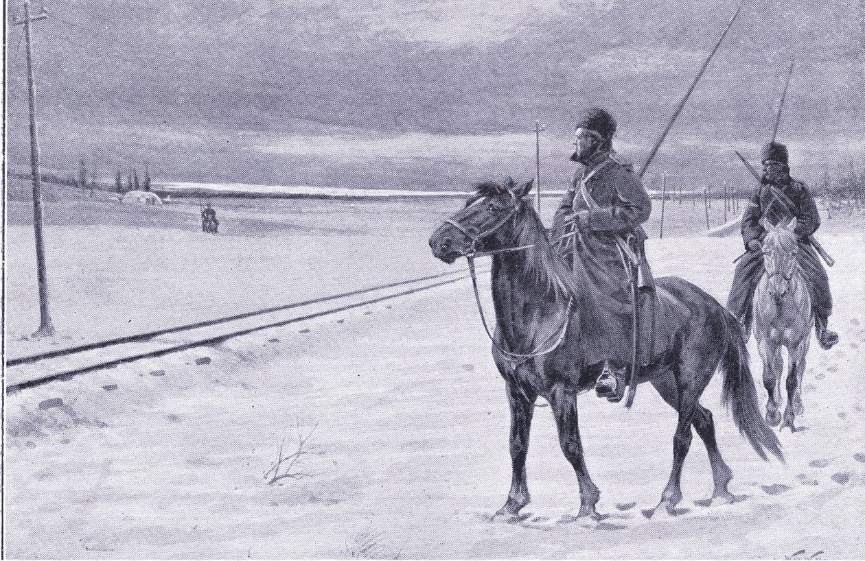 Vigilando el ferrocarril cerca de Mukden, ilustración de la Historia de la Guerra Ruso-Japonesa de Cassell Vol 1, c.1900 de William Barnes Wollen