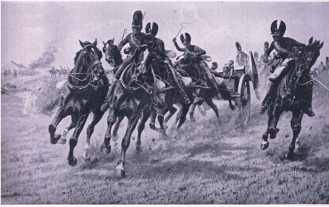 Cañones al frente: Waterloo, 18 de junio de 1815, ilustración de Batallas Británicas en Tierra y Mar, 1915 de William Barnes Wollen