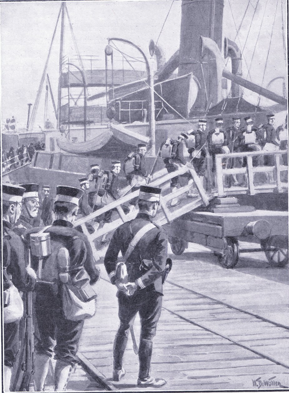 Tropas japonesas embarcando en Kobe, ilustración de la Historia de la Guerra Ruso-Japonesa de Cassell Vol 1, c.1900 de William Barnes Wollen