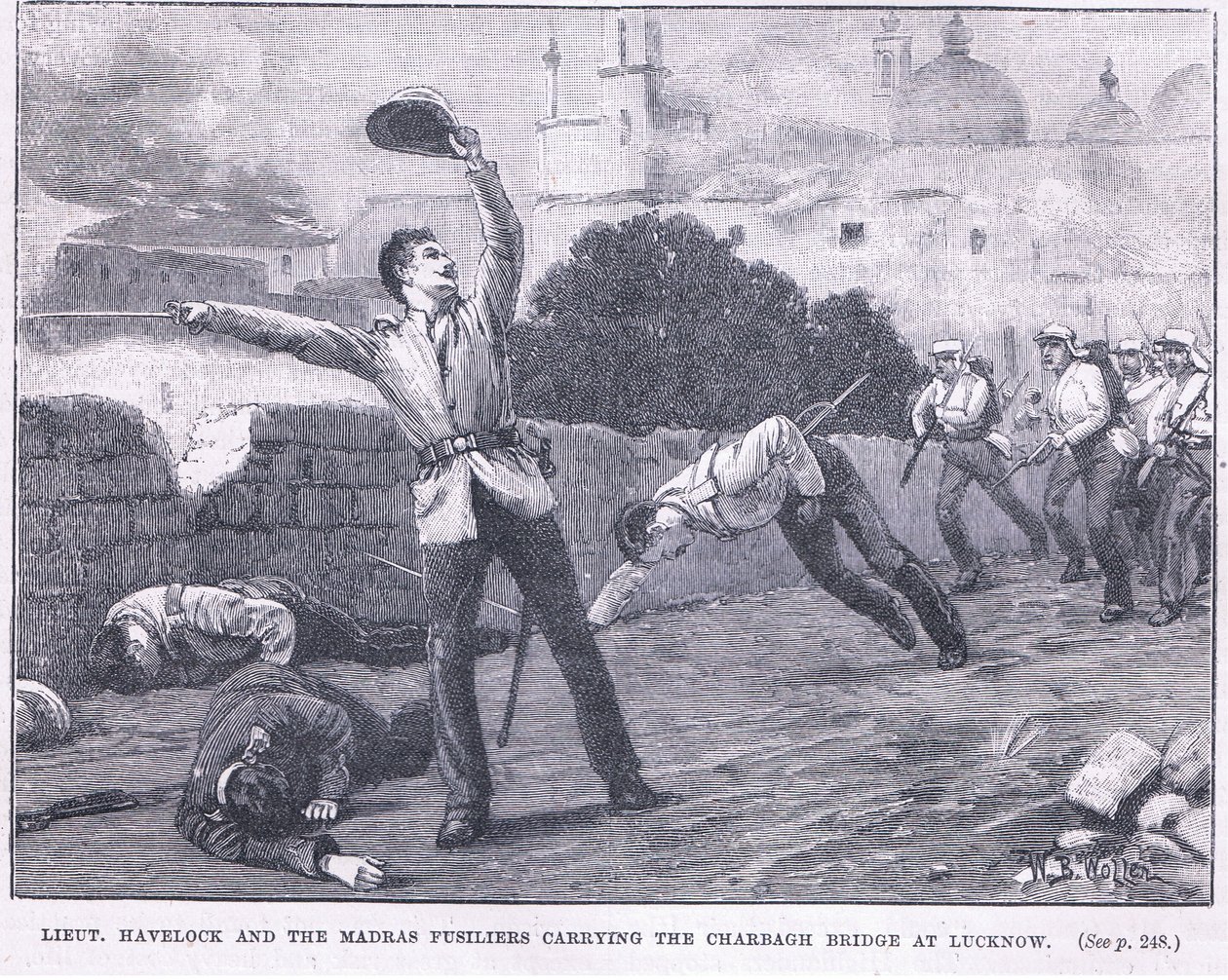 Teniente Havelock y los fusileros de Madrás tomando el Puente Charbagh en Lucknow 1857 AD de William Barnes Wollen