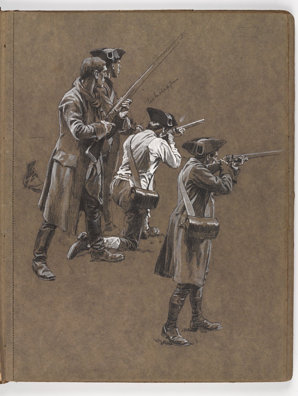 Estudio para la pintura al óleo de William Barns Wollen, La Batalla de Lexington 1775 de William Barnes Wollen