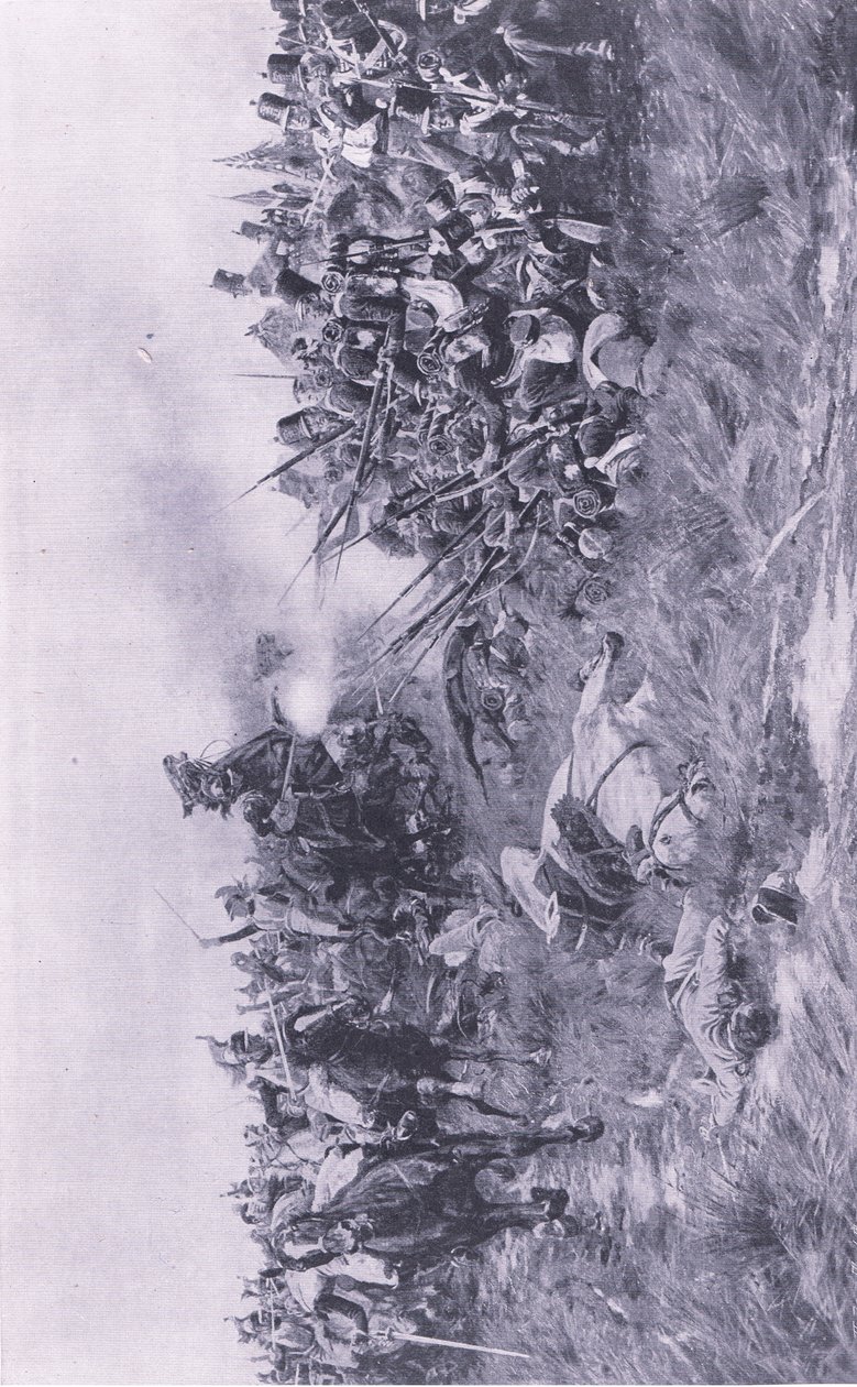 El 28º Regimiento de Gloucester recibiendo a la caballería francesa en Waterloo, 18 de junio de 1815, ilustración de Batallas Británicas en Tierra y Mar, 1915 de William Barnes Wollen