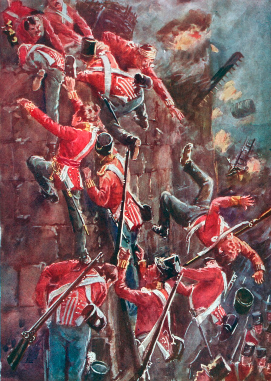 La 5ª División asaltando en escalada las murallas de San Vicente en la toma de Badajoz, 6 de abril. de William Barnes Wollen