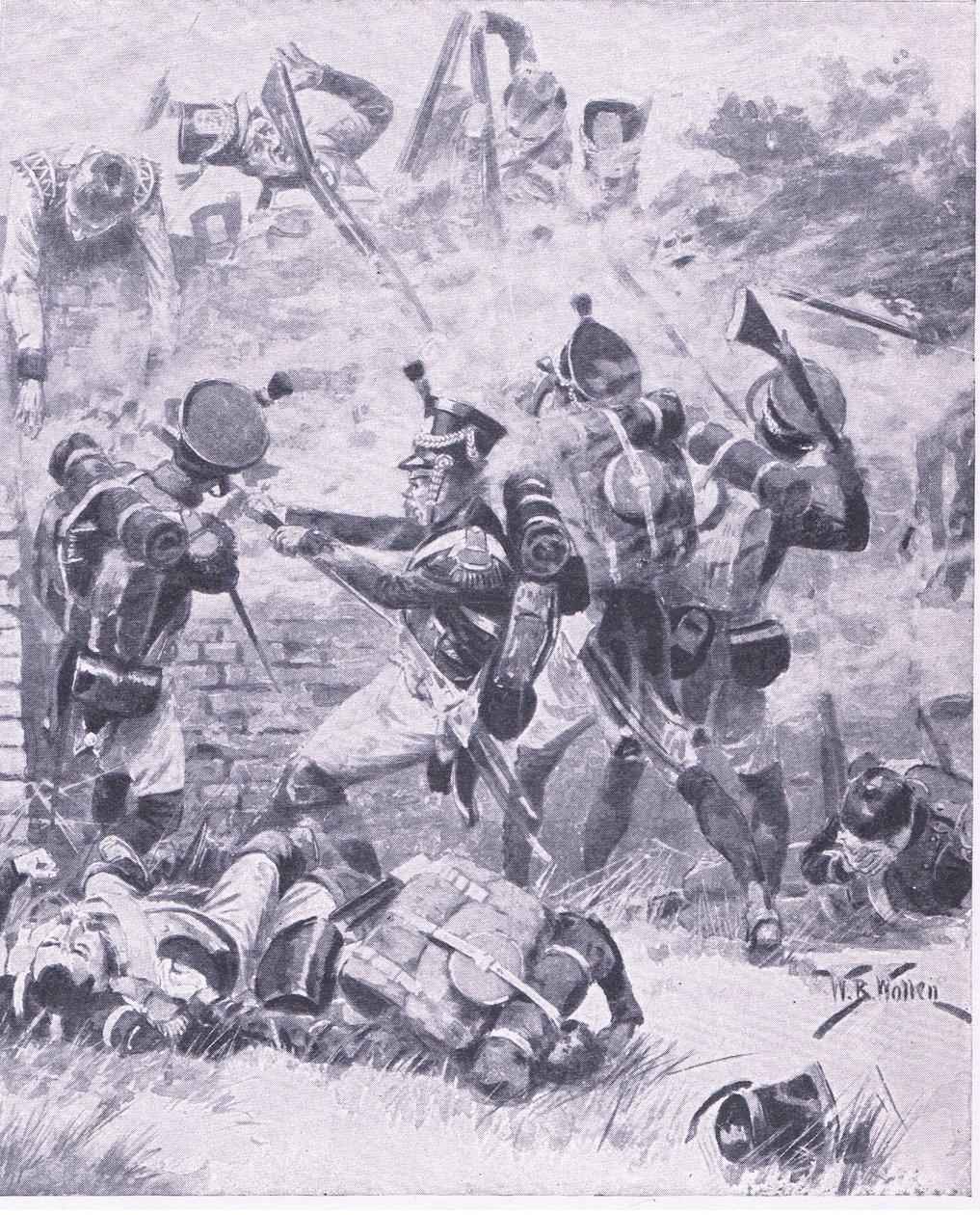 El ataque al muro en Hougomont: Waterloo 1815, ilustración de British Battles on Land and Sea, 1915 de William Barnes Wollen