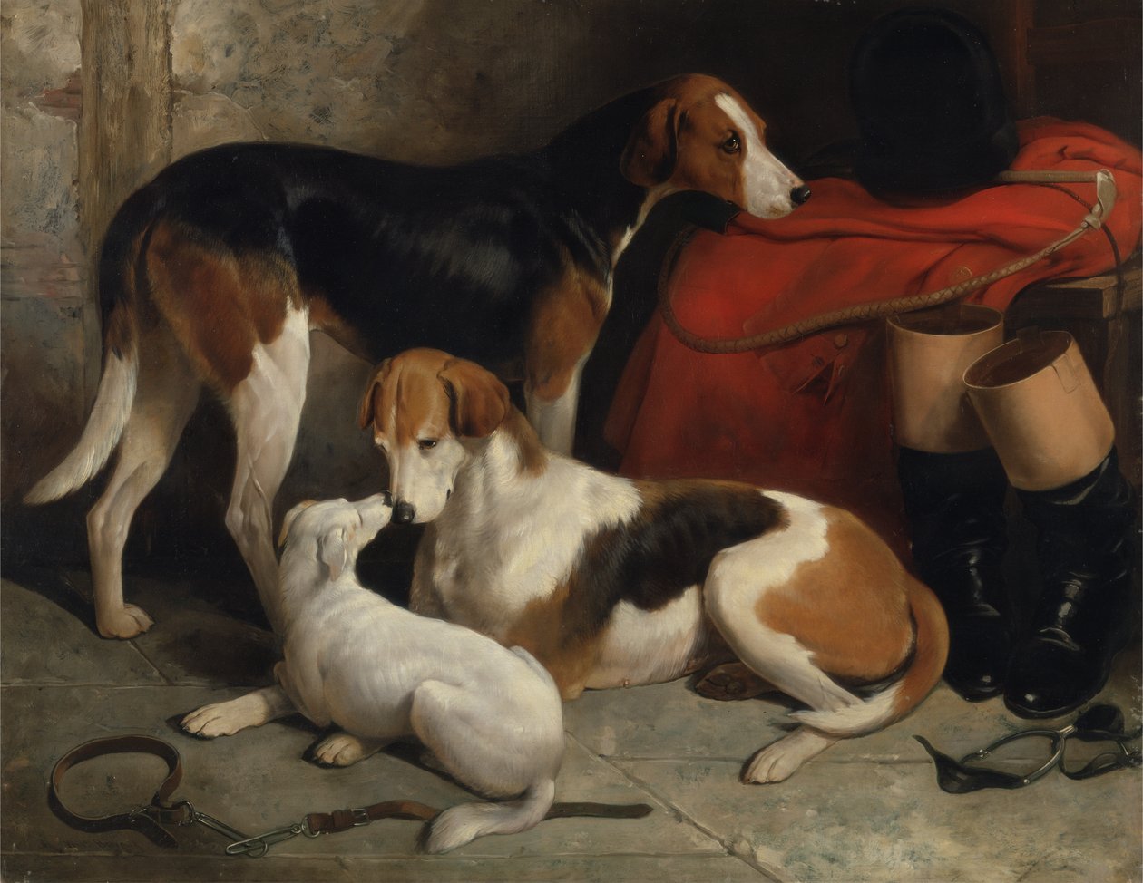 Un par de sabuesos de Lord Henry Bentinck con un terrier de William Barraud