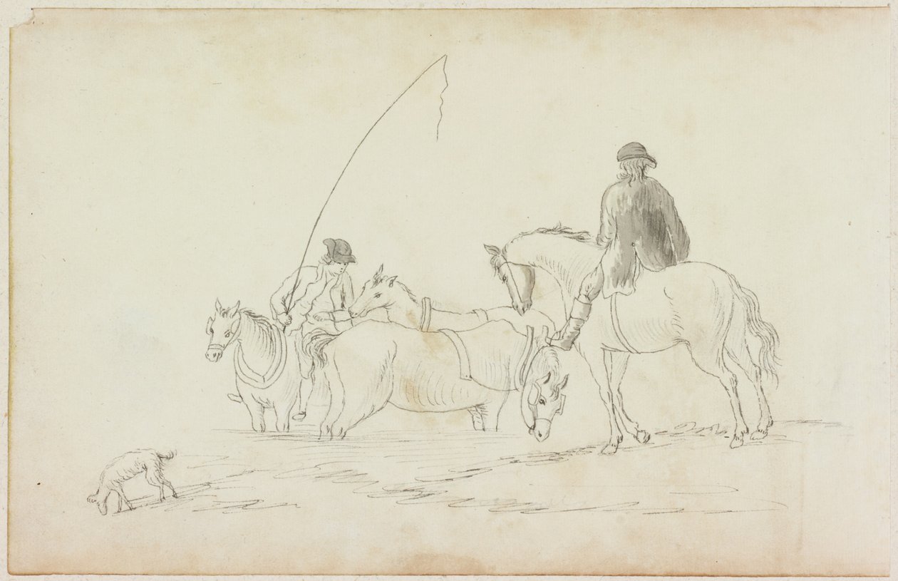 Dos hombres a caballo con dos caballos y un perro de William Beilby