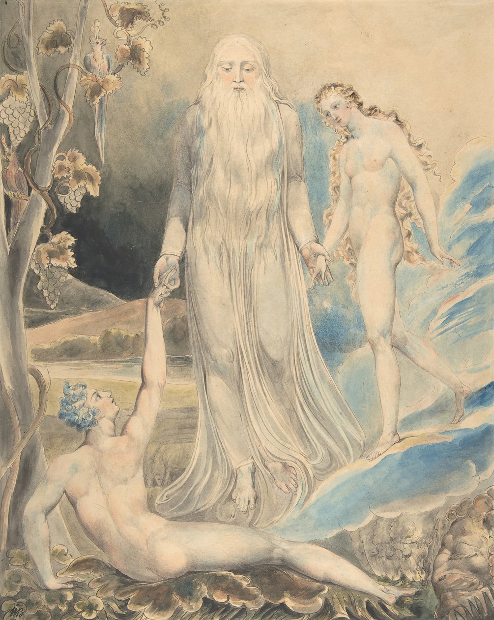 Ángel de la Presencia Divina trayendo a Eva a Adán La Creación de Eva..., recto..., 1803 de William Blake