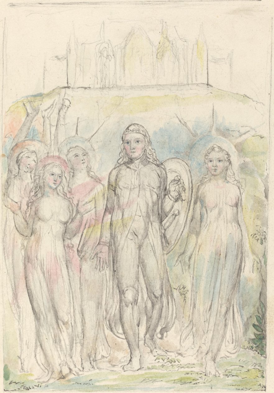 Cristiano con el escudo de la fe, despidiéndose de sus compañeros de William Blake