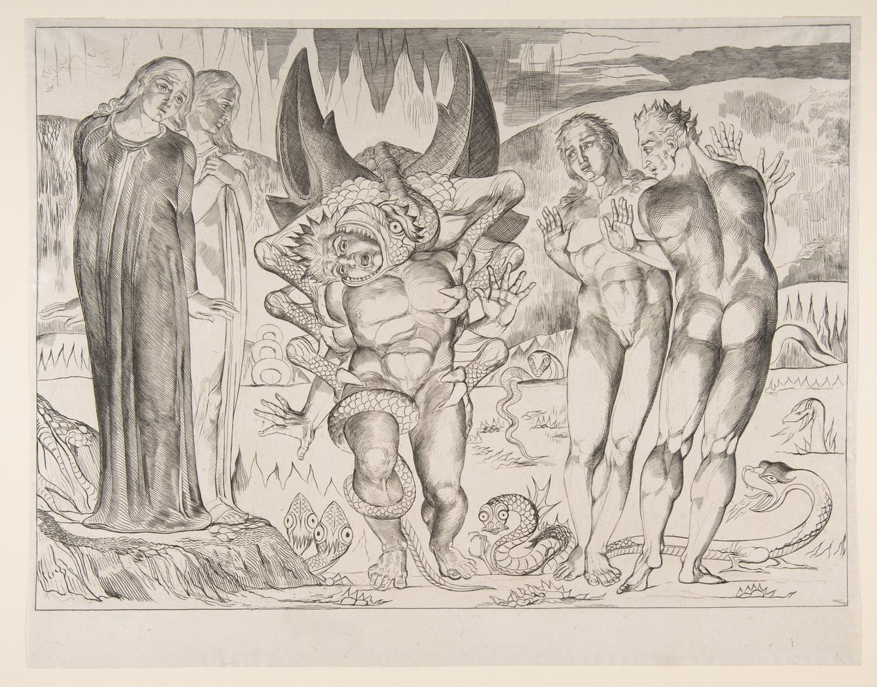 Círculo de ladrones: Agnello Brunelleschi atacado por una serpiente de seis patas, de Dan de William Blake