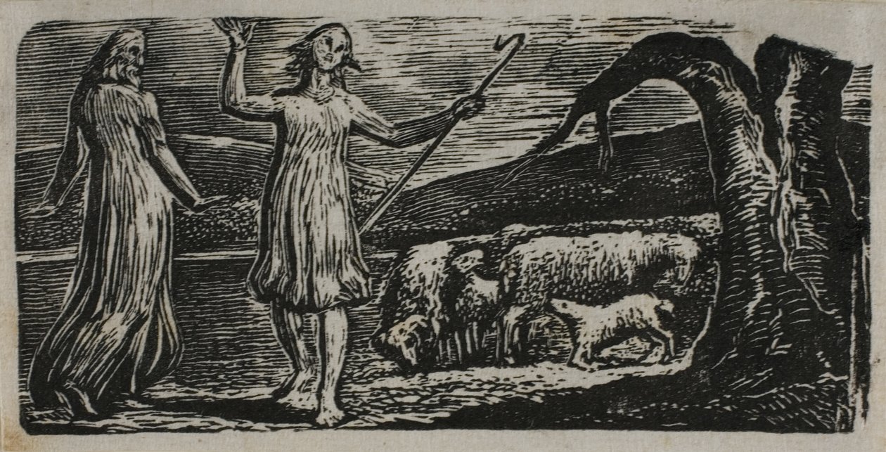 Colinet parte con tristeza: Tronco desgarrado a la derecha, de Las pastorales de Virgilio de William Blake