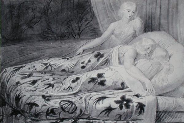 Har y Heva dormidos con Mnetha vigilándolos, ilustración de 