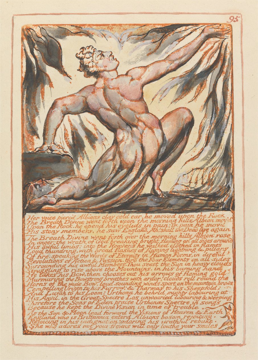 «Su voz atravesó el frío oído de arcilla de Albión...» (Lámina 95) de William Blake