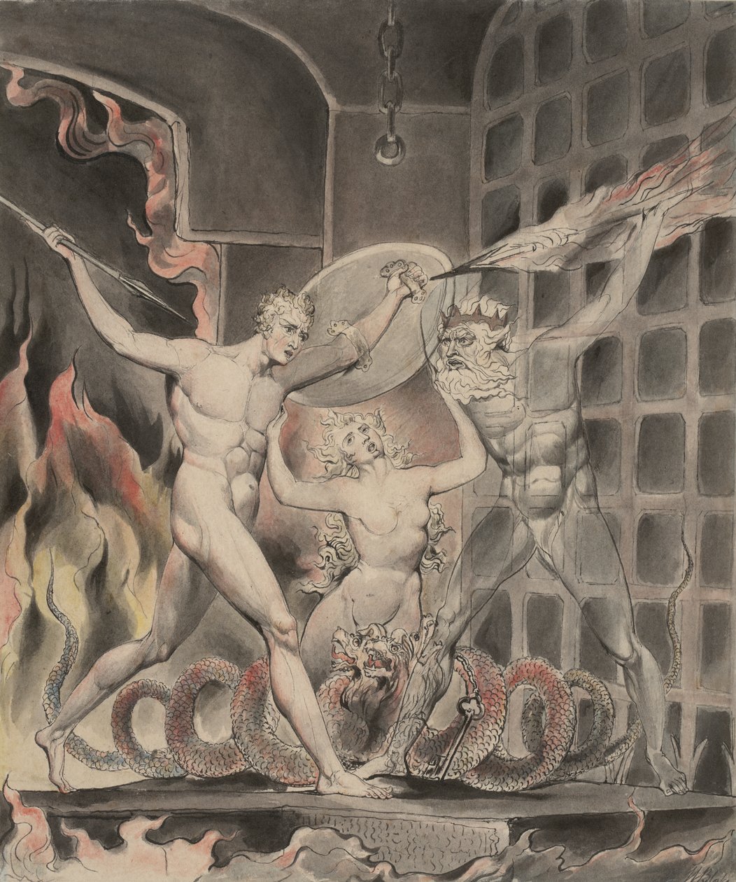 Ilustración 2 para "El Paraíso Perdido" de Milton: Satanás, el Pecado y la Muerte: Satanás llega a las puertas del infierno, 1807 de William Blake