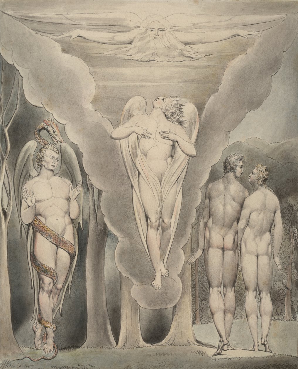 Ilustración 4 de "El Paraíso Perdido" de Milton: Satanás espiando a Adán y Eva y el descenso de Rafael al Paraíso de William Blake