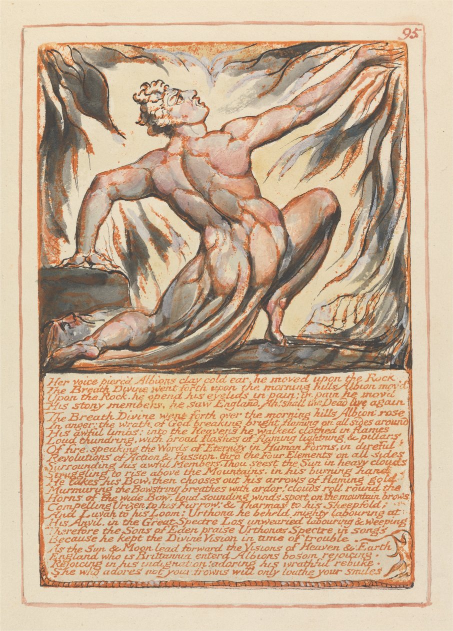 Jerusalén, Placa 95, Su voz perforó la fría oreja de arcilla de Albión.... de William Blake