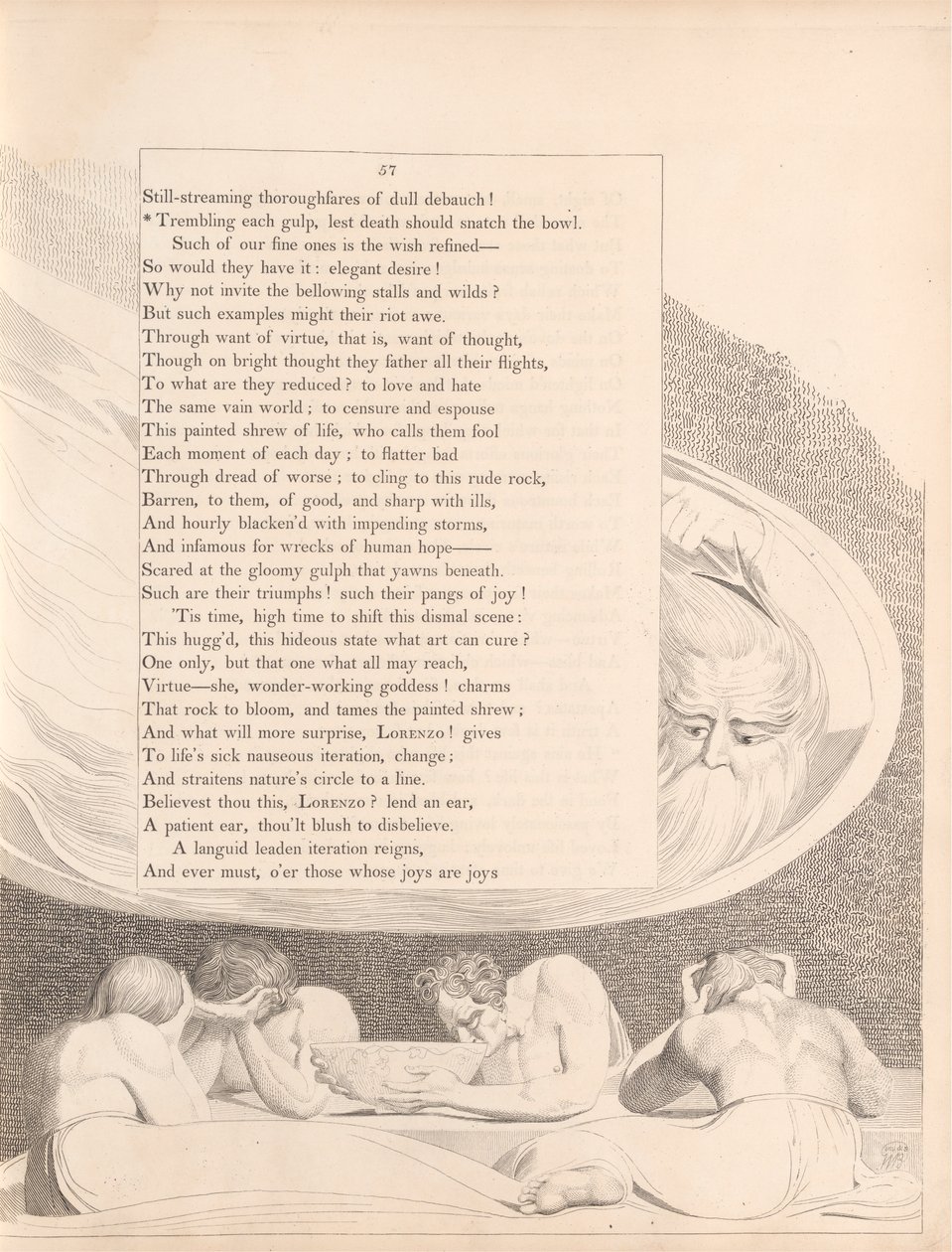 Lámina 29 (página 57): "Temblando a cada trago, no sea que la muerte le arrebate el cuenco". de William Blake