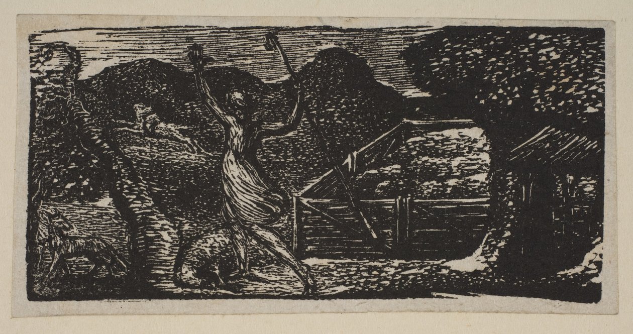 Pastor ahuyenta a un lobo, de Pastorales de Virgilio de Thornton, 1821 de William Blake