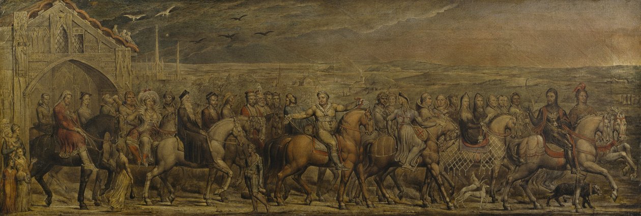 Sir Jeffrey Chaucer (c.1342-1400) y los Nueve y Veinte Peregrinos en su Viaje a Canterbury (temple sobre lienzo) de William Blake