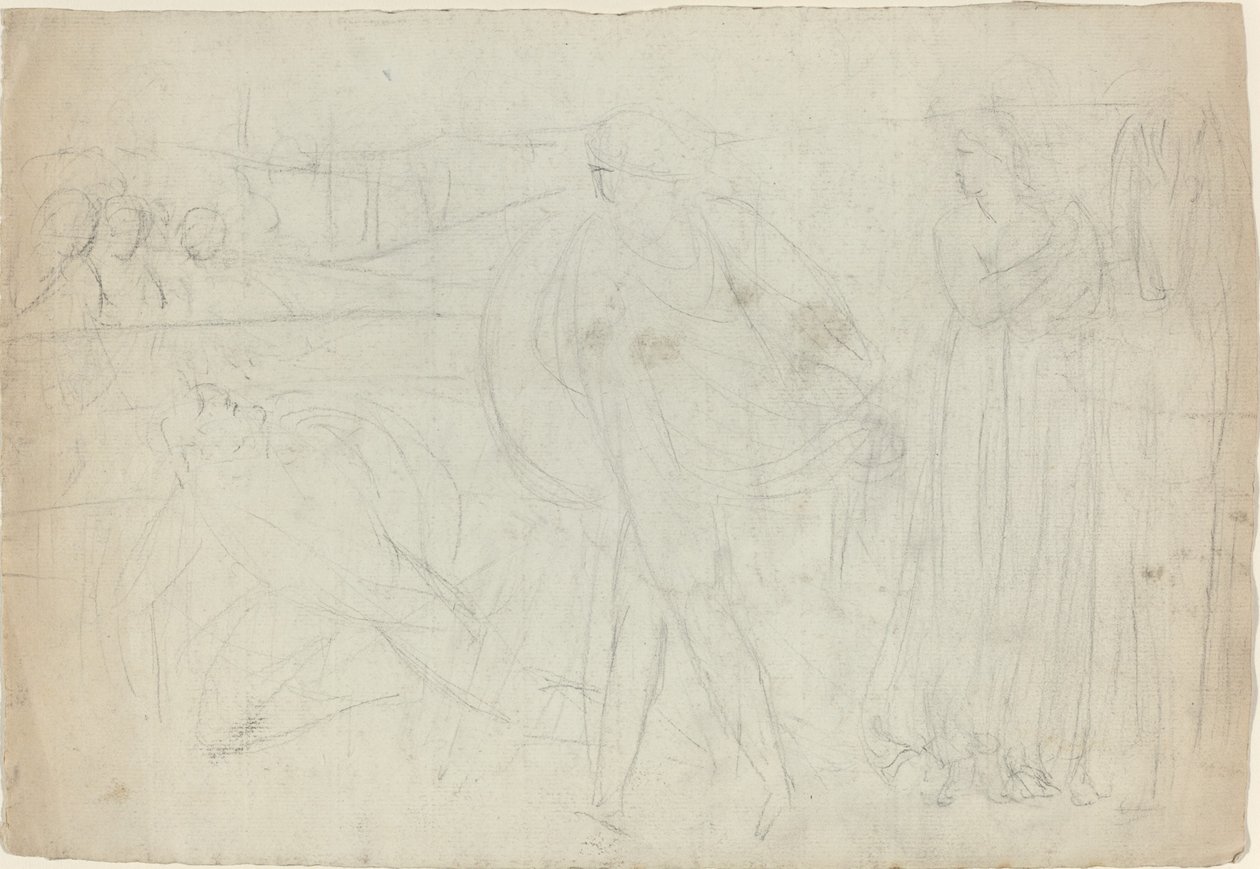 Boceto de un espadachín de pie sobre su oponente derrotado de William Blake