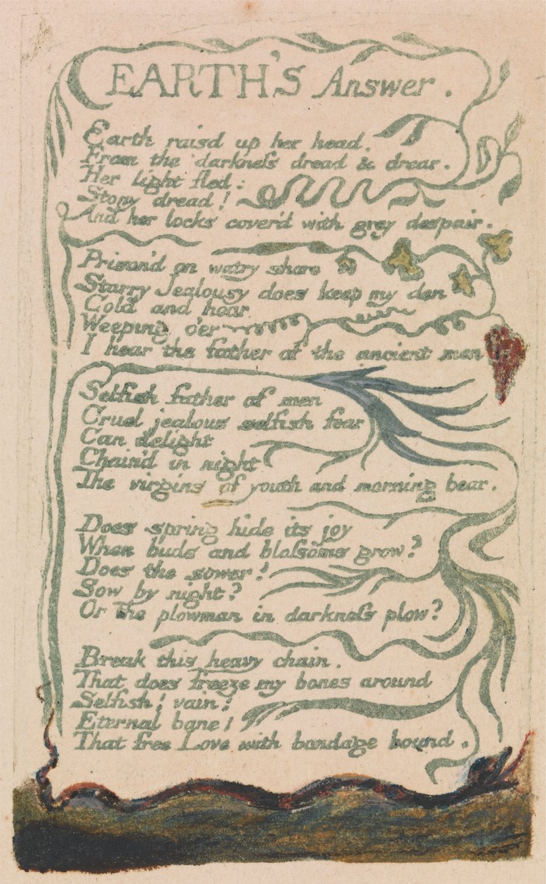 Canciones de la inocencia y de la experiencia, plancha 35, "La respuesta de la Tierra" (Bentley 31) de William Blake