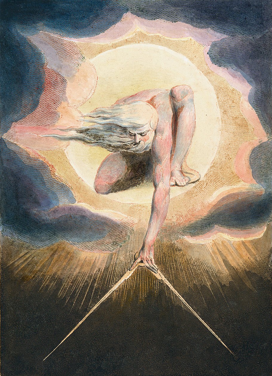 El Anciano de los Días - Urizen midiendo el mundo material. Ilustración del frontispicio del libro “Europe. To Prophecy.” Dibujo de William Blake (1757-1827) de William Blake