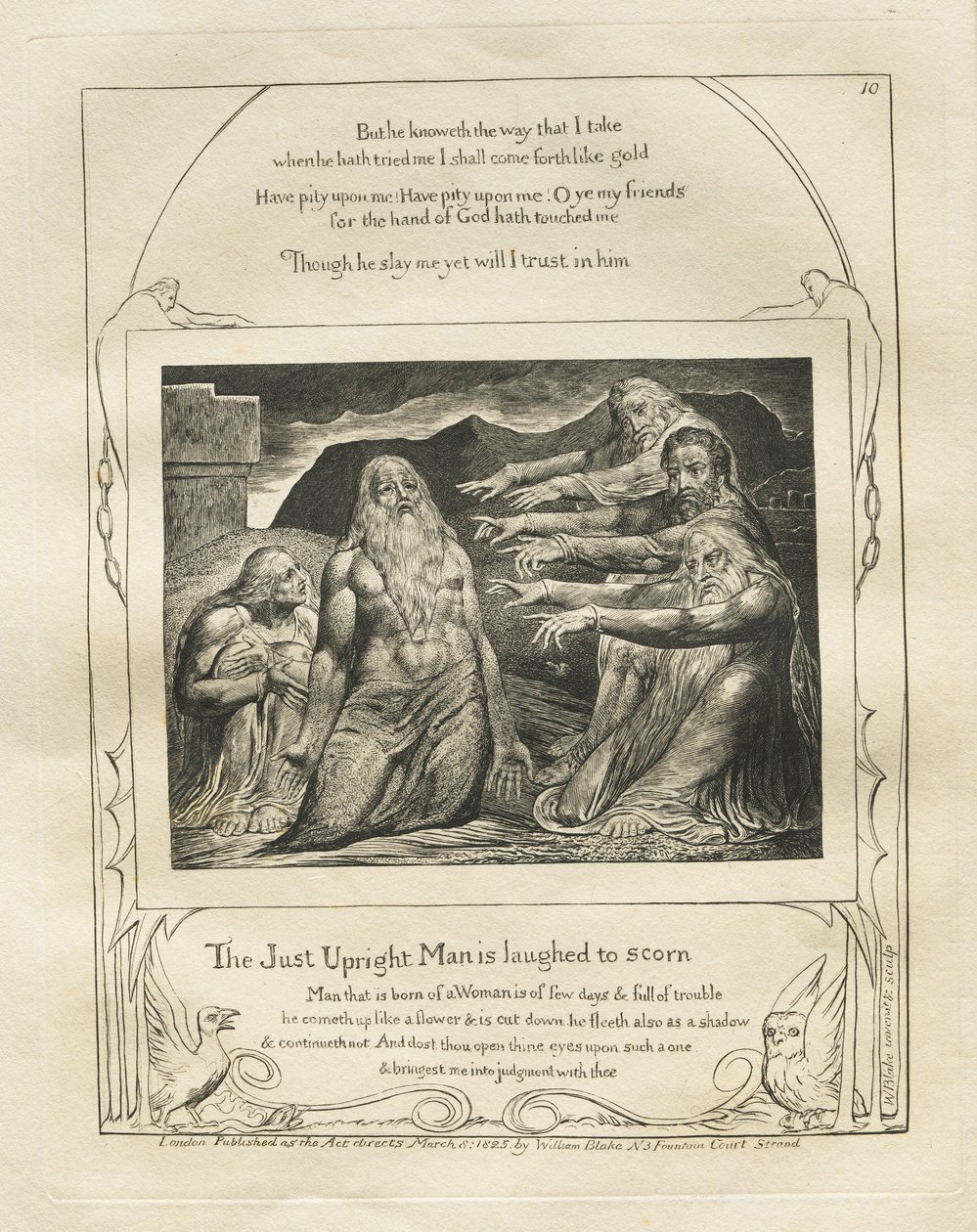 El Libro de Job: Pl. 10, El Hombre Justo y Recto es Ridiculizado, 1825 de William Blake