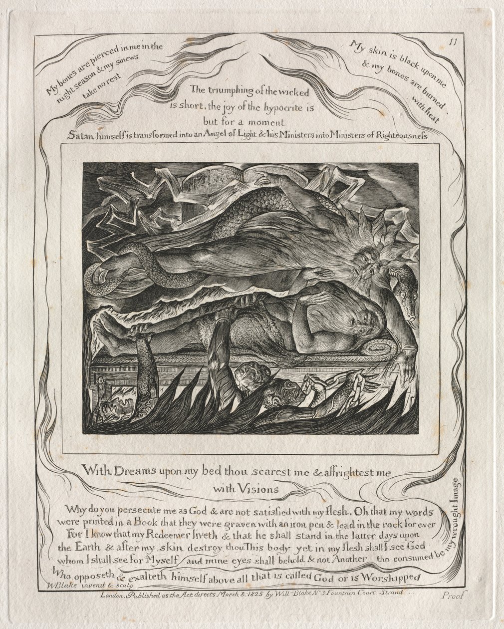 El libro de Job: Pl. 11, Con sueños en mi cama me asustas y me aterras..., 1825 de William Blake