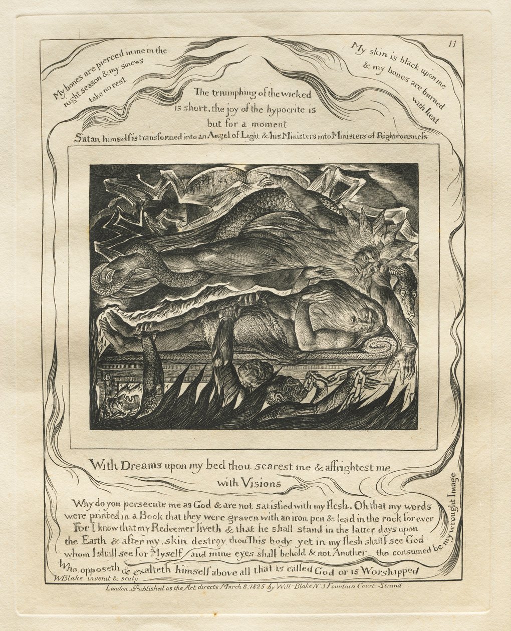 El libro de Job: Pl. 11, Con sueños en mi cama me asustas y me aterras..., 1825 de William Blake