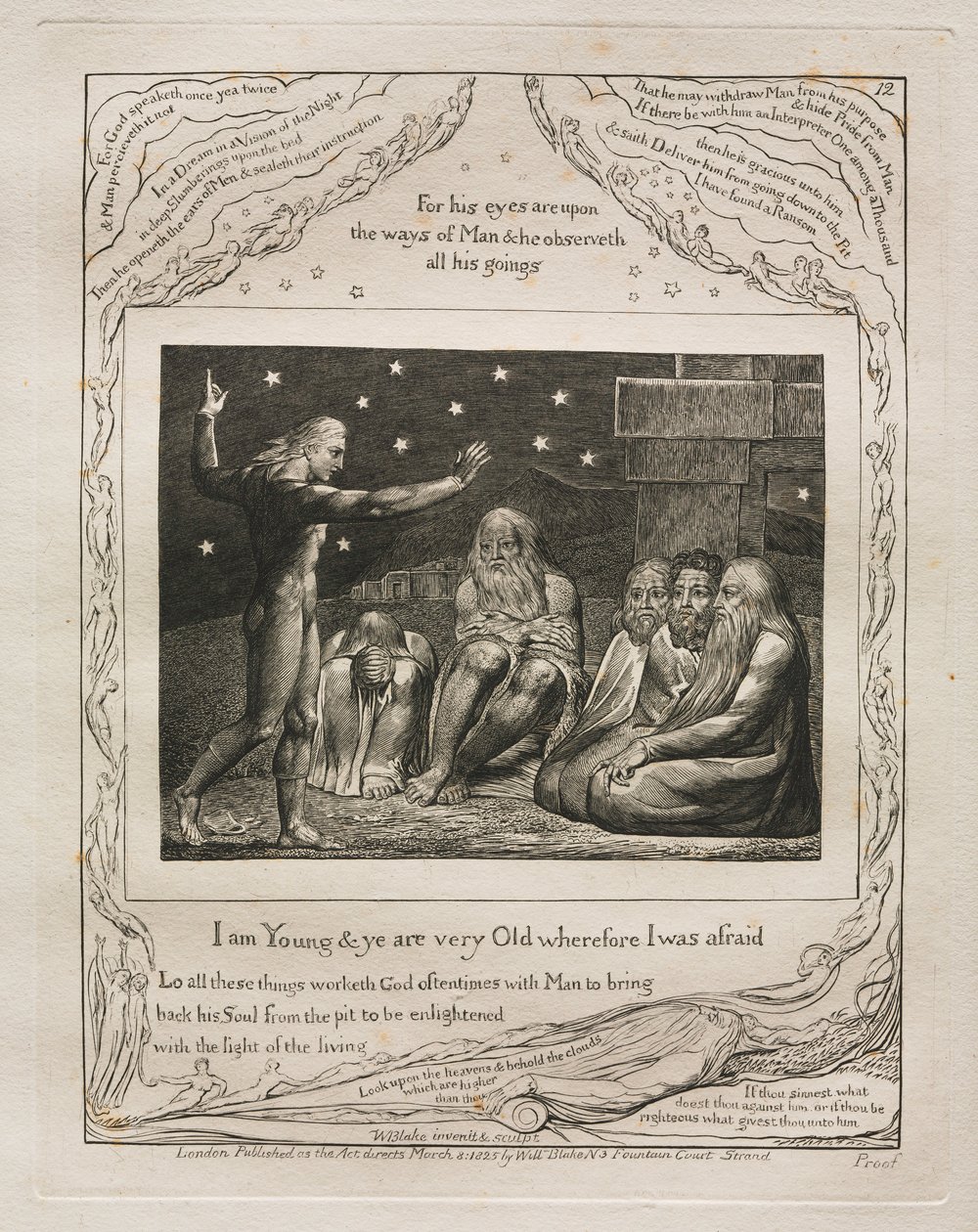 El Libro de Job: Pl. 12, Soy Joven y ustedes son muy Viejos por lo que tenía miedo, 1825 de William Blake
