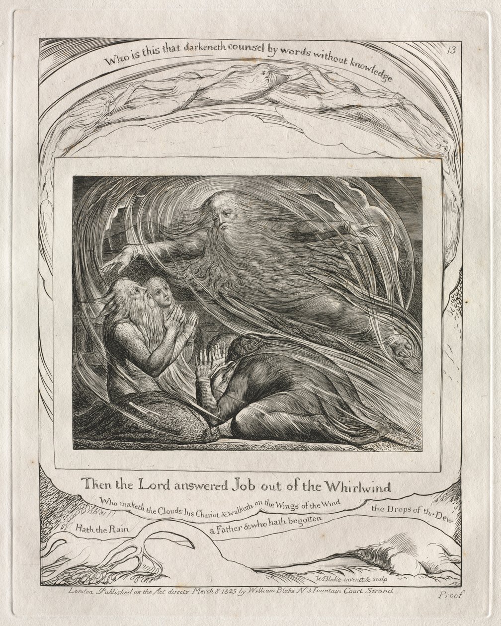 El libro de Job: Pl. 13, Entonces el Señor respondió a Job desde el torbellino, 1825 de William Blake