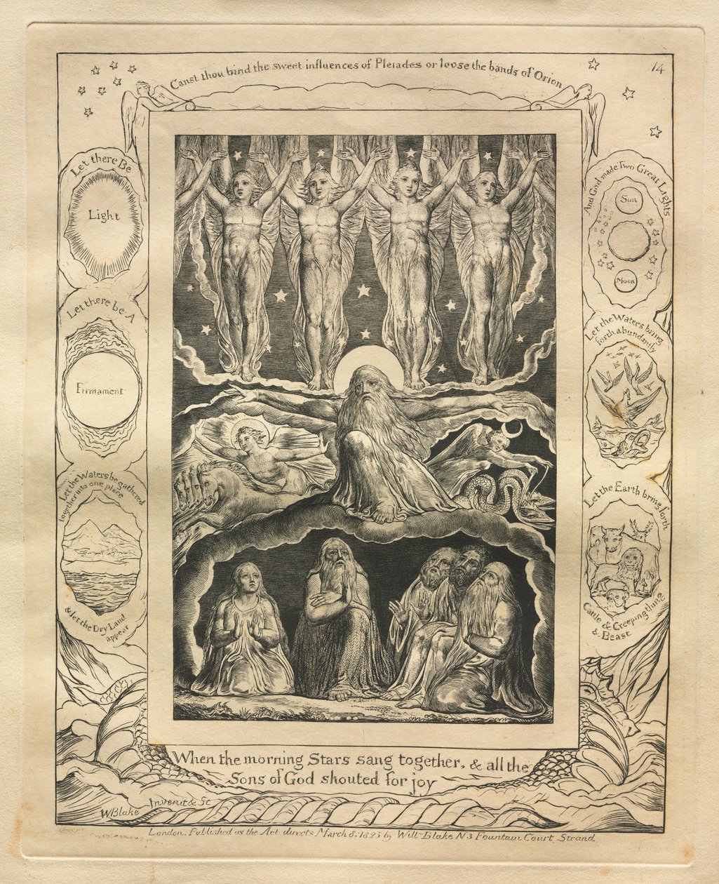 El Libro de Job: Pl. 14, Cuando las estrellas de la mañana cantaban juntas, y todos los Hijos de Dios..., 1825 de William Blake
