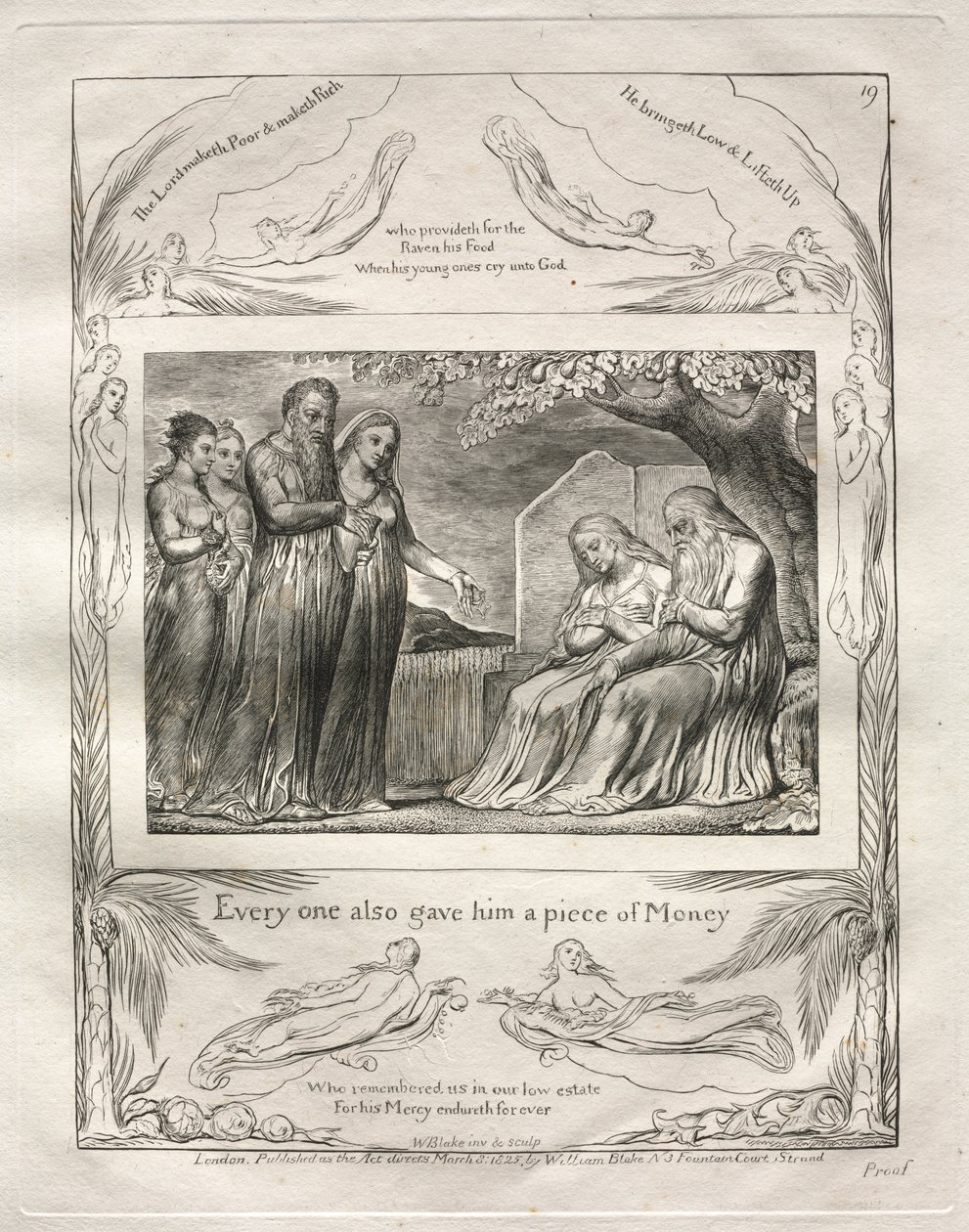El Libro de Job: Pl. 19, Cada uno también le dio una pieza de dinero de William Blake