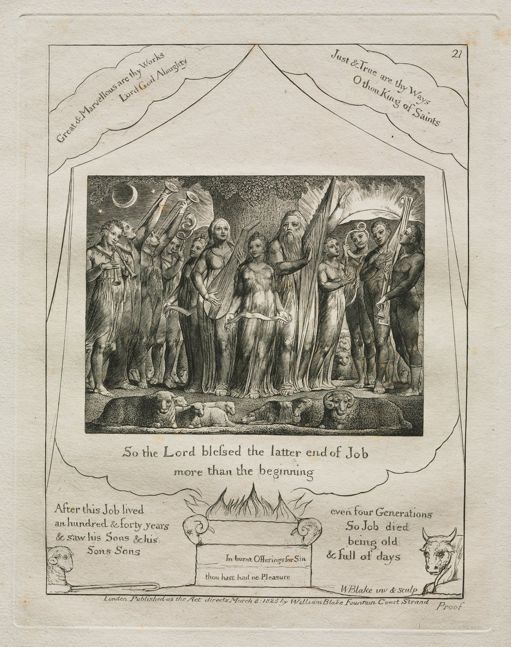 El libro de Job: Pl. 21, Así que el Señor bendijo el final de Job más que el, 1825 de William Blake