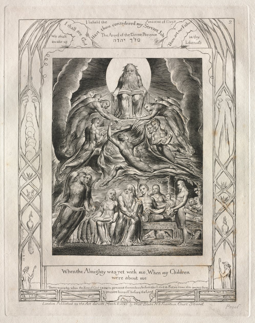 El Libro de Job: Pl. 2, Cuando el Todopoderoso estaba aún conmigo, Cuando mis hijos..., 1825 de William Blake